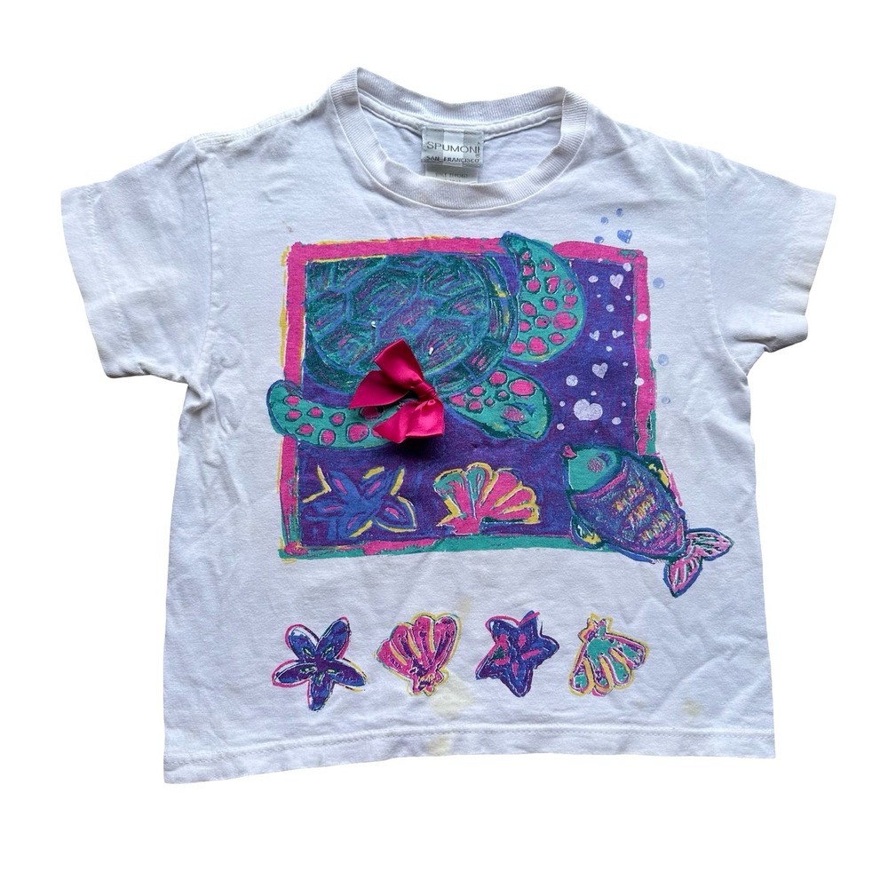 Spumoni Vintage T-Shirt Size S White Pink Bow Turtle Fish Seashells